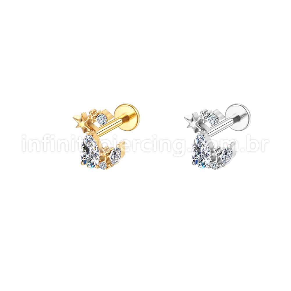 Piercing Labret Aço Cirúrgico Estrelas Com Zircônia